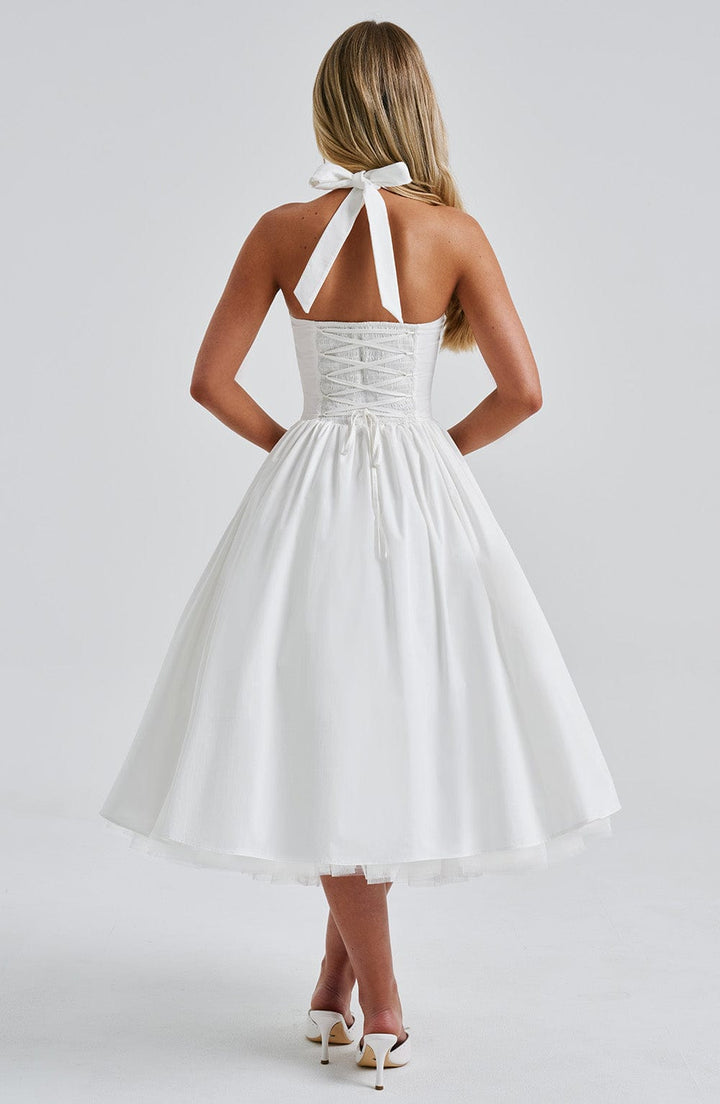 Womens Midi Dress with Halter Neck and Smocked Pleated Bodice