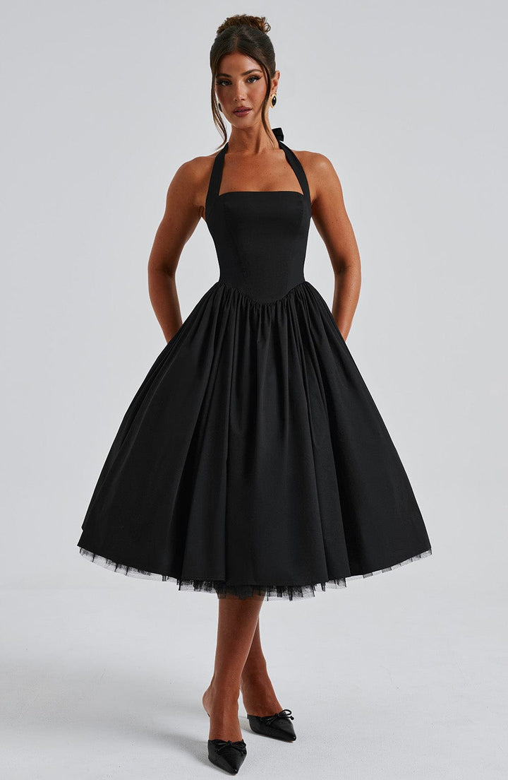 Womens Midi Dress with Halter Neck and Smocked Pleated Bodice
