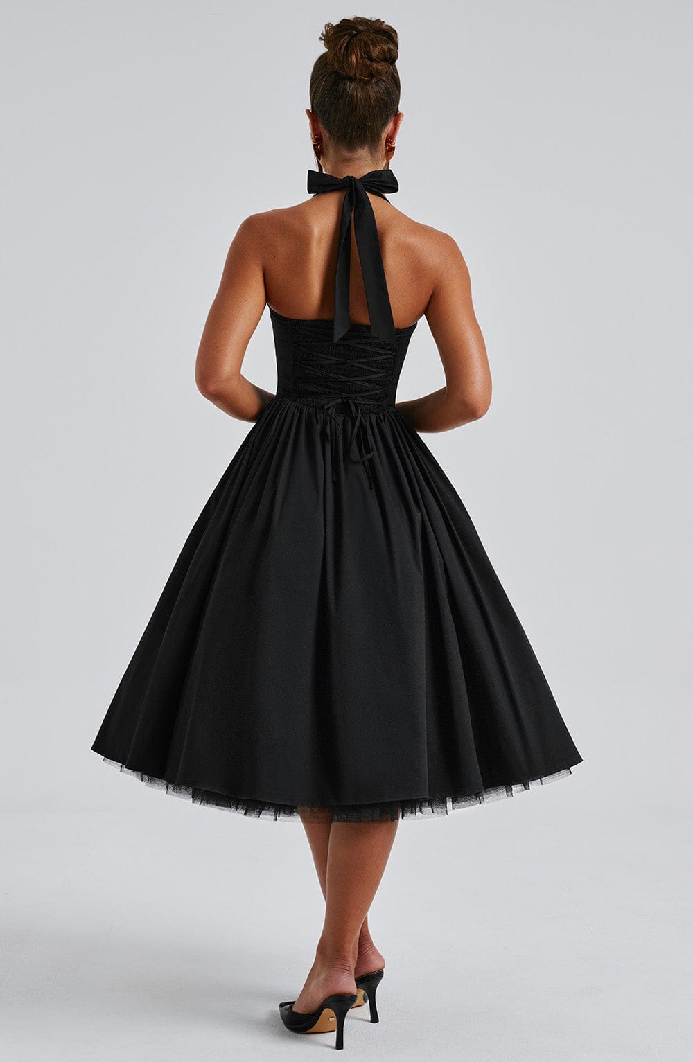 Womens Midi Dress with Halter Neck and Smocked Pleated Bodice