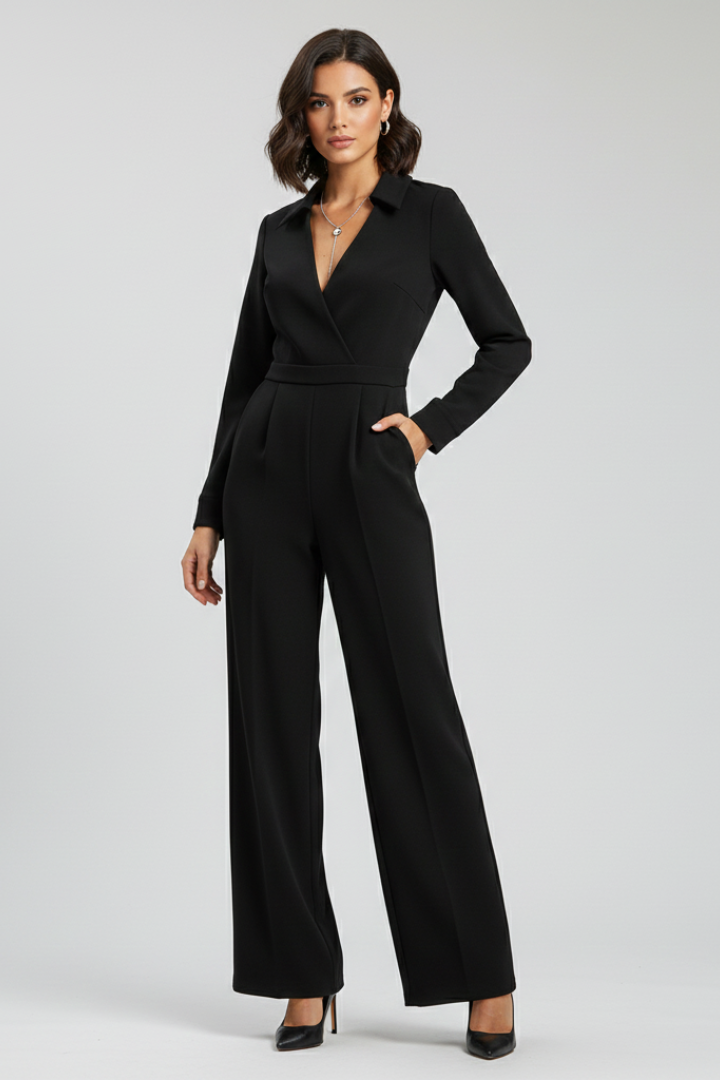 Womens Jumpsuit with Collar V-Neckline Long Sleeve Wide Leg - Clovrio