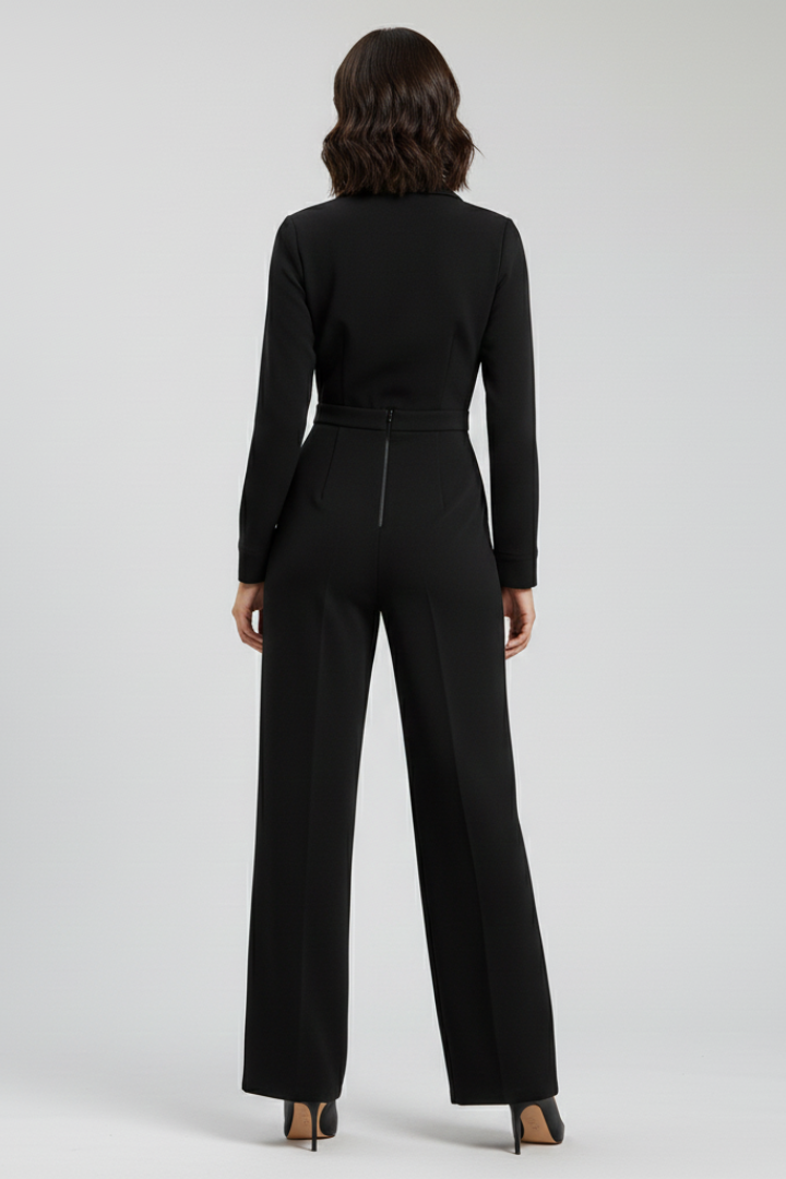 Womens Jumpsuit with Collar V-Neckline Long Sleeve Wide Leg