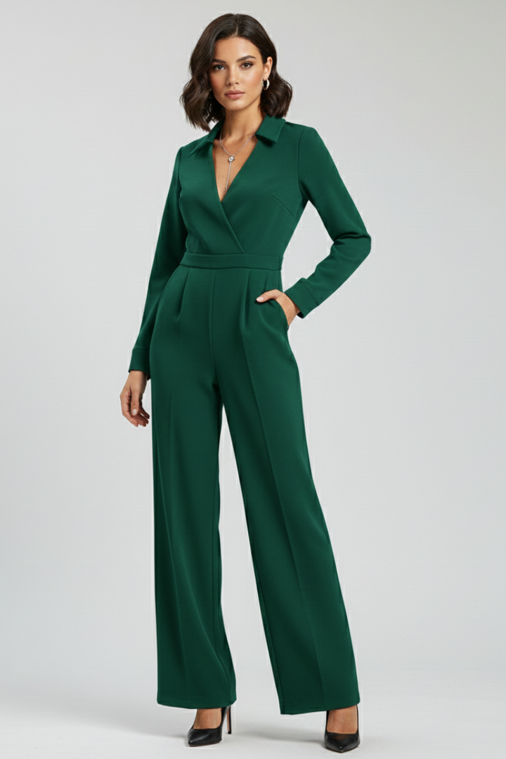 Womens Jumpsuit with Collar V-Neckline Long Sleeve Wide Leg