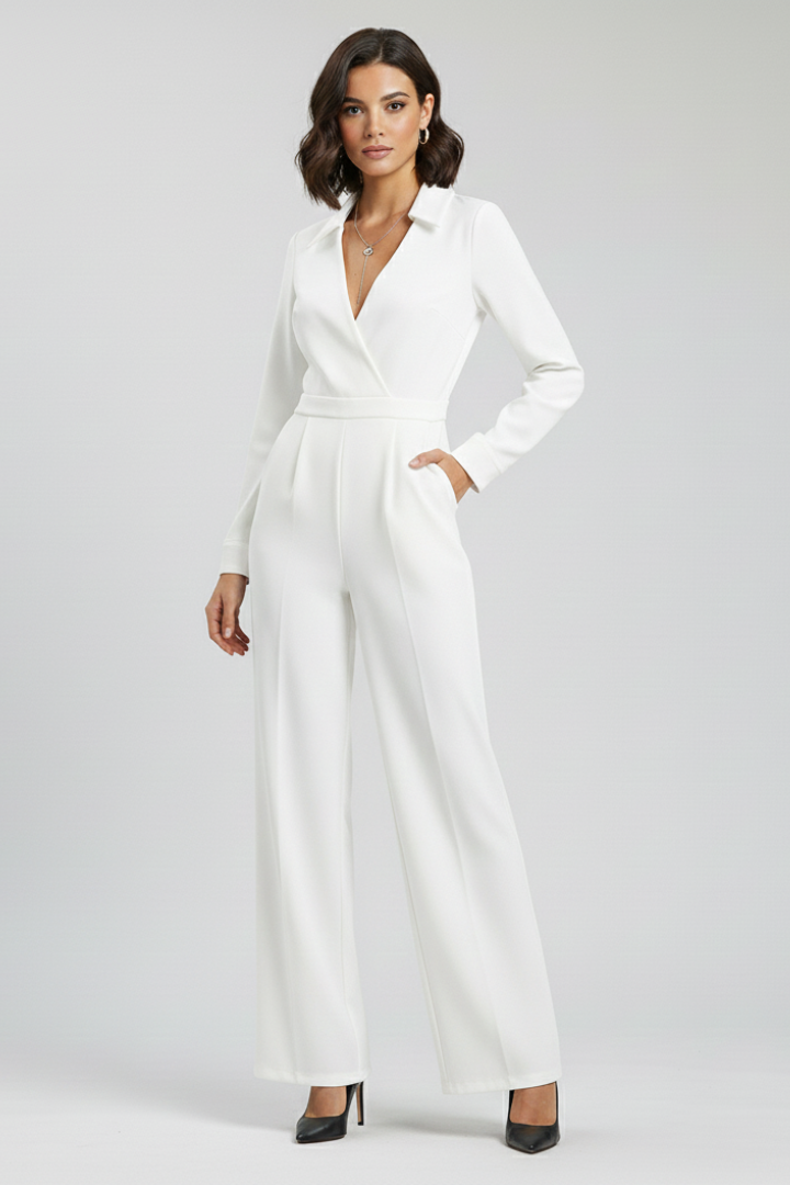 Womens Jumpsuit with Collar V-Neckline Long Sleeve Wide Leg
