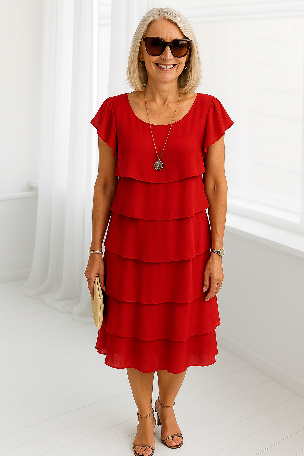Womens Layered Midi Dress Tiered Ruffle Short Sleeve - Clovrio