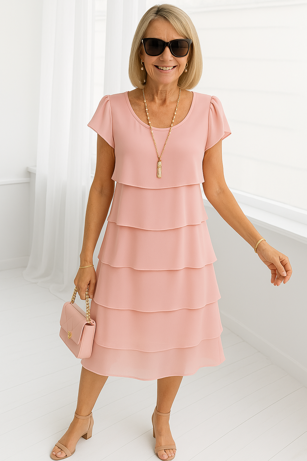 Womens Layered Midi Dress Tiered Ruffle Short Sleeve