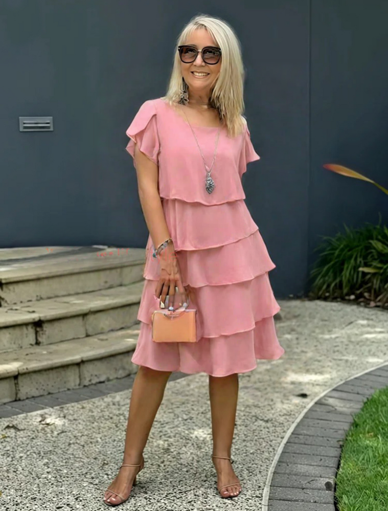 Womens Layered Midi Dress Tiered Ruffle Short Sleeve