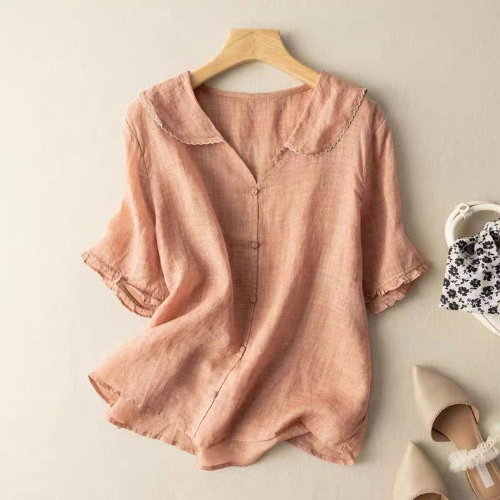 Womens Linen Blouse Peter Pan Collar Short Sleeve