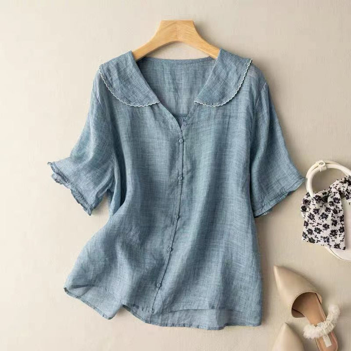 Womens Linen Blouse Peter Pan Collar Short Sleeve