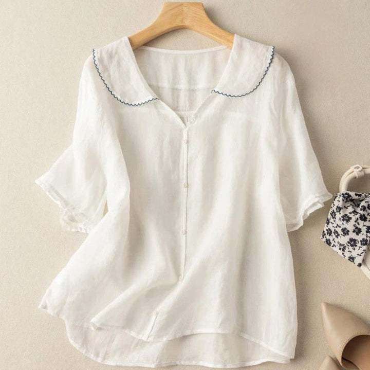 Womens Linen Blouse Peter Pan Collar Short Sleeve