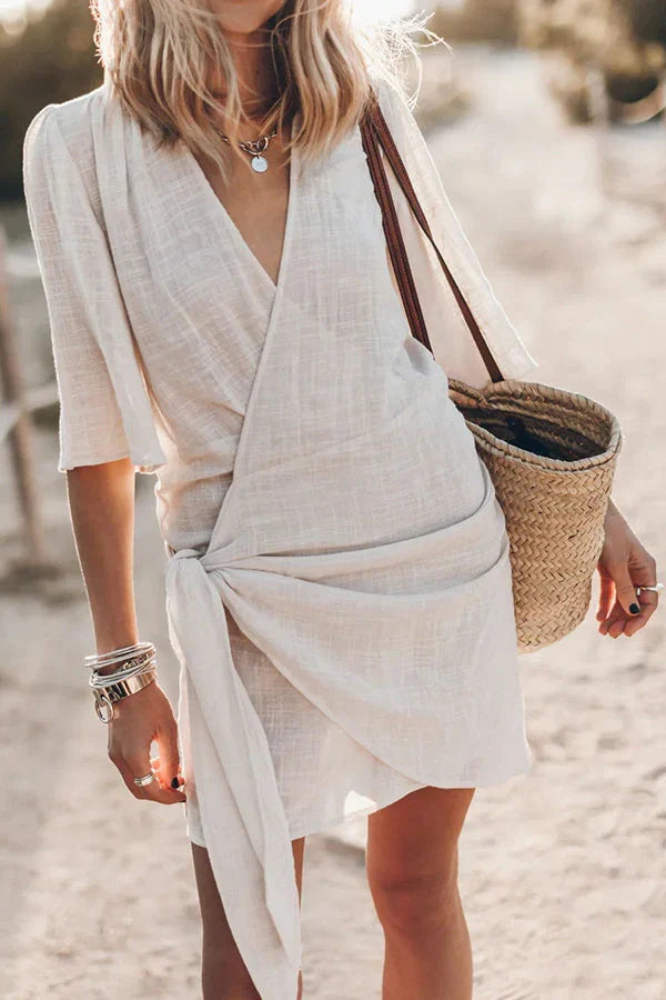 Womens Linen Mini Dress V-Neck Wrap Front Side Tie
