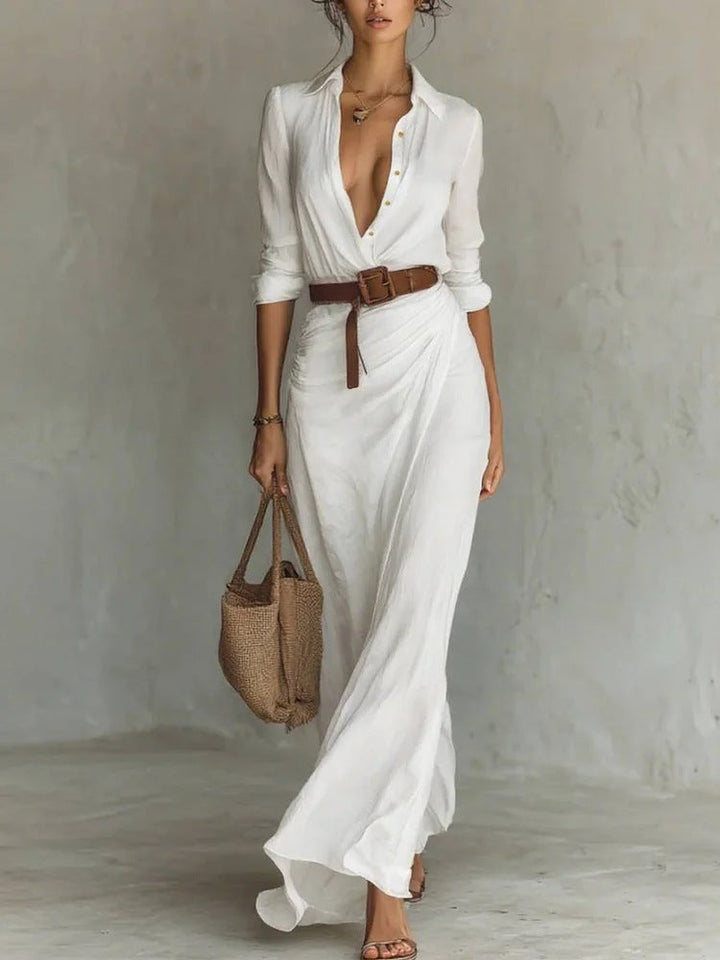 Womens Ruched Maxi Shirt Dress Belted Long Sleeve