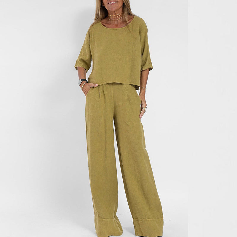 Womens Linen Set with Wide Leg Trousers and Short Sleeve Top
