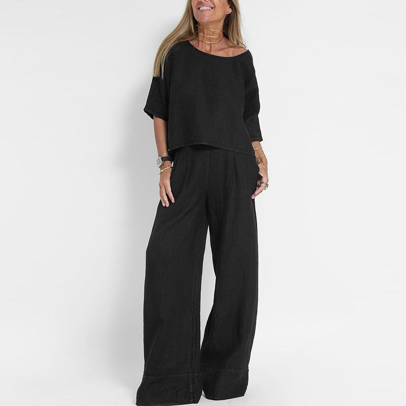 Womens Linen Set with Wide Leg Trousers and Short Sleeve Top