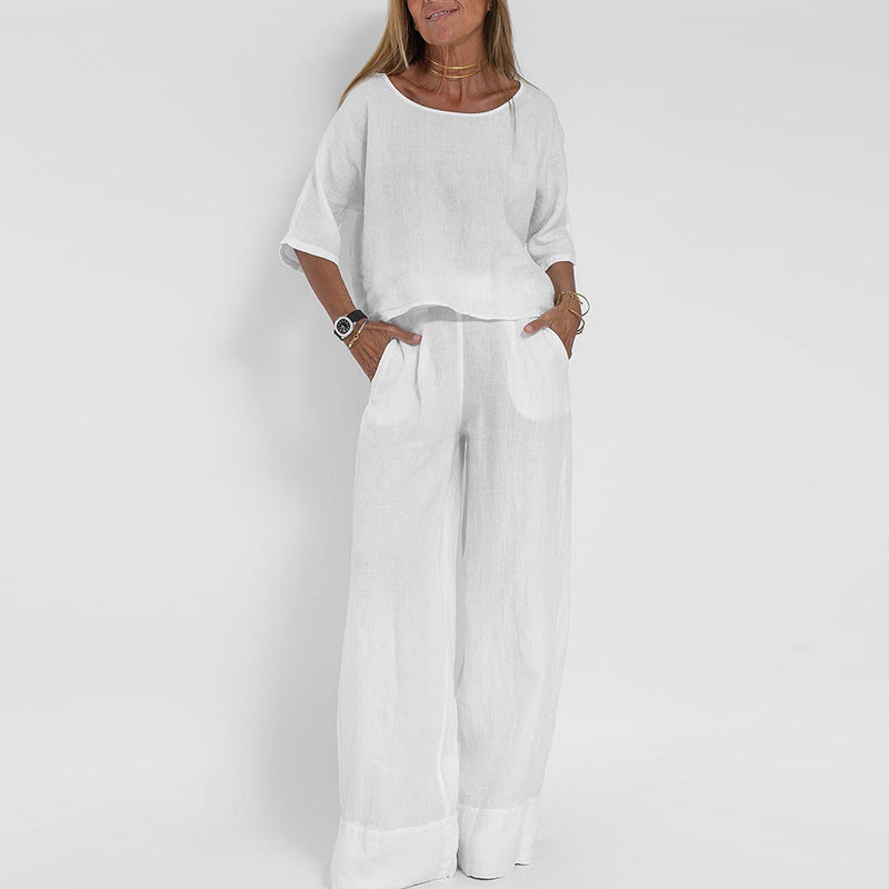 Womens Linen Set with Wide Leg Trousers and Short Sleeve Top