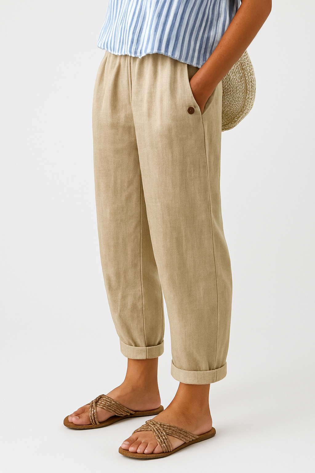Womens Linen Trousers Tapered Fit Elastic Waist - Clovrio