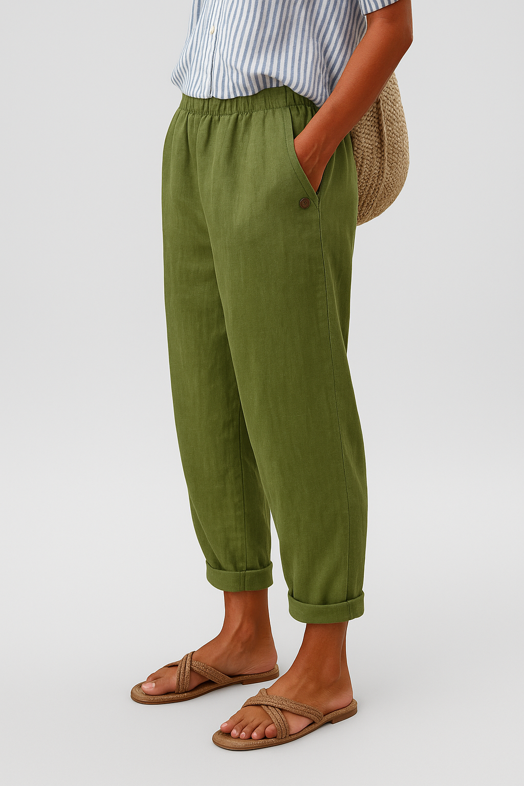 Womens Linen Trousers Tapered Fit Elastic Waist