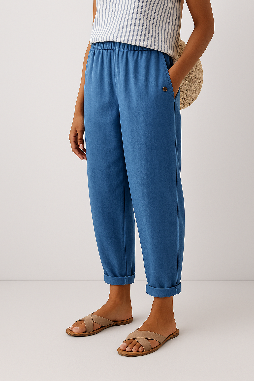 Womens Linen Trousers Tapered Fit Elastic Waist