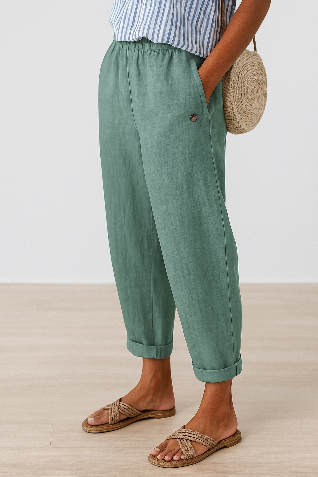 Womens Linen Trousers Tapered Fit Elastic Waist