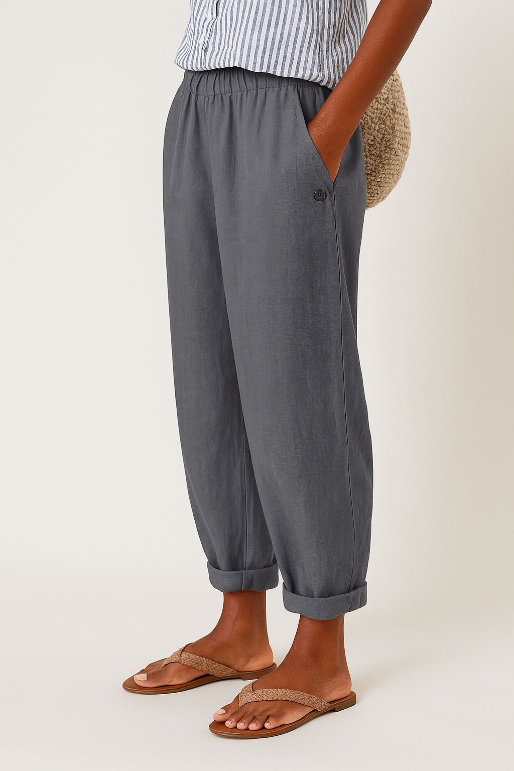 Womens Linen Trousers Tapered Fit Elastic Waist
