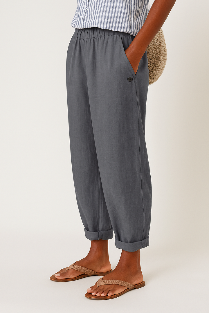 Womens Linen Trousers Tapered Fit Elastic Waist
