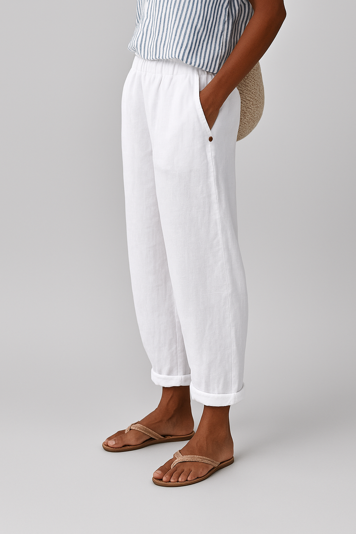 Womens Linen Trousers Tapered Fit Elastic Waist