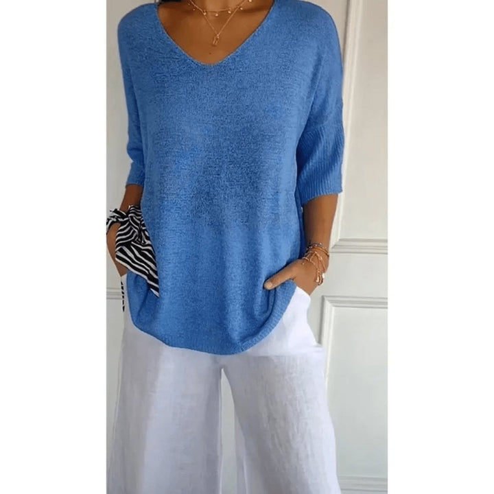 Womens Knit Blouse V-Neck Loose Fit Half Sleeve Textured