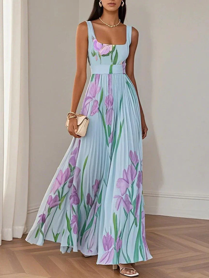Womens Maxi Dress Pleated Fabric Square Neck Waist Belt