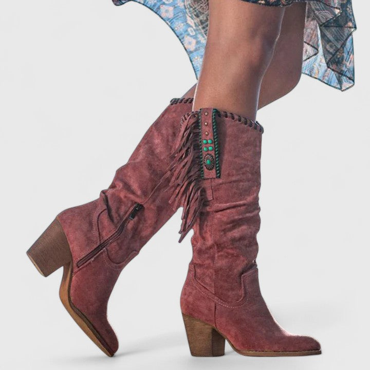 Womens Mid-Calf Boots with Fringe Trim Western Block Heel