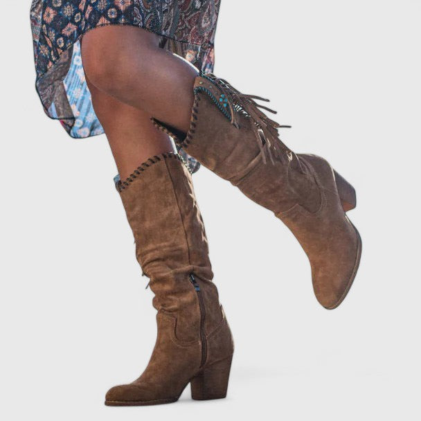 Womens Mid-Calf Boots with Fringe Trim Western Block Heel