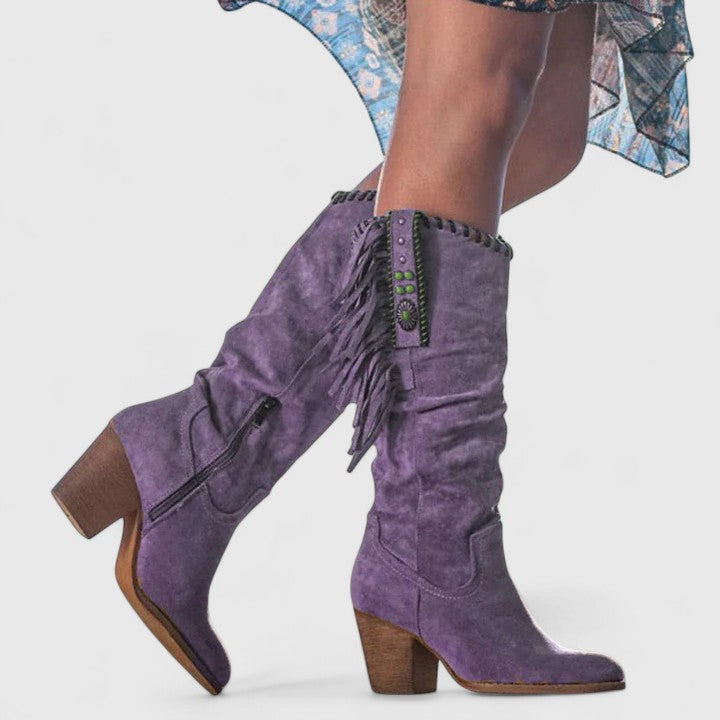 Womens Mid-Calf Boots with Fringe Trim Western Block Heel