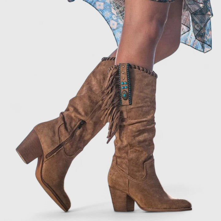 Womens Mid-Calf Boots with Fringe Trim Western Block Heel - Clovrio