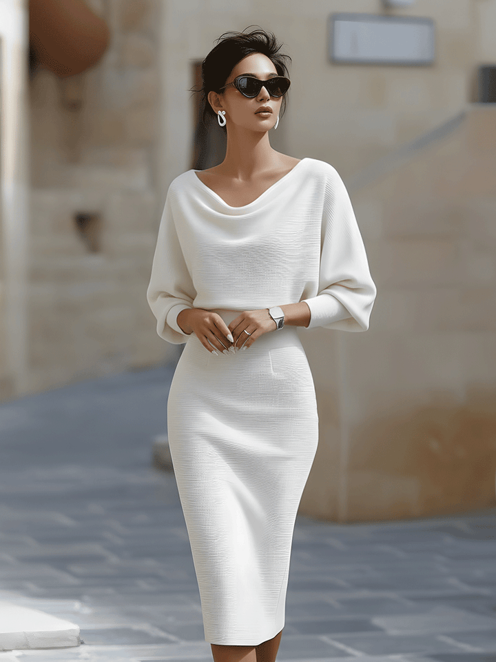 Womens Midi Bodycon Dress Knitted Batwing Sleeve Boat Neck - Clovrio