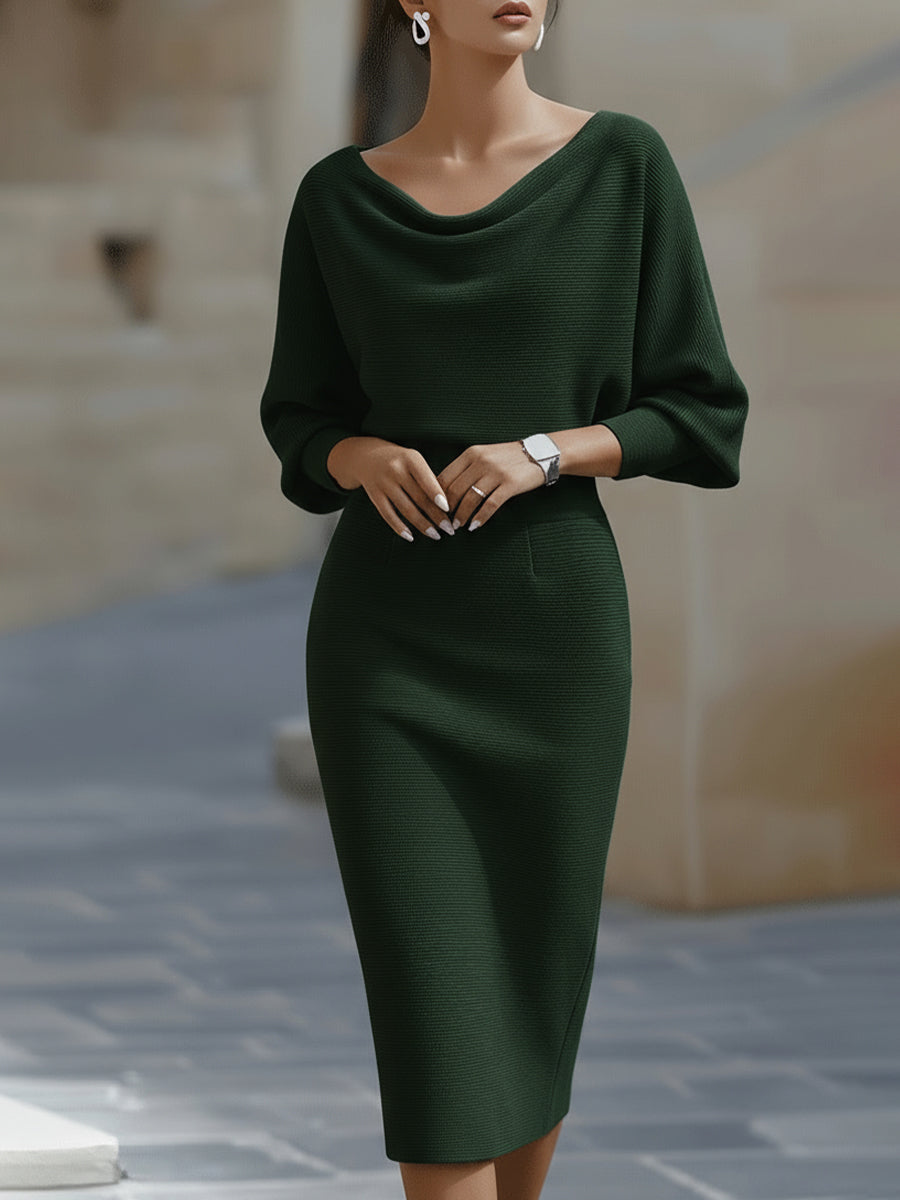 Womens Midi Bodycon Dress Knitted Batwing Sleeve Boat Neck