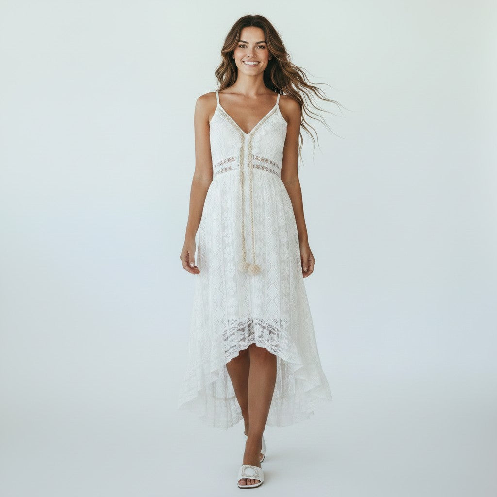 Womens Midi Dress Lace V-Neck High-Low Hem - Clovrio