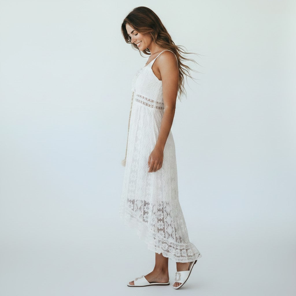 Womens Midi Dress Lace V-Neck High-Low Hem