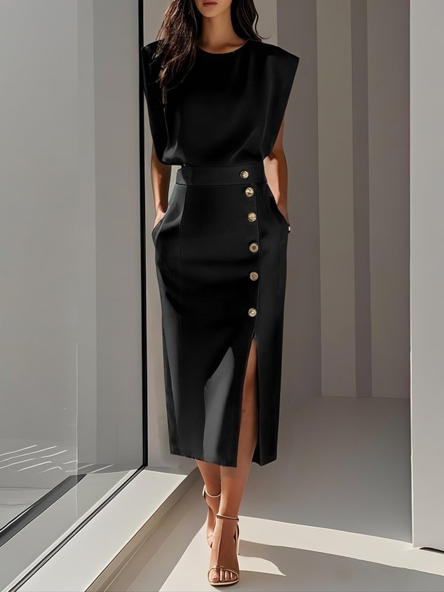 Womens Midi Dress Column Fit Asymmetrical Side Button Mock Wrap Skirt