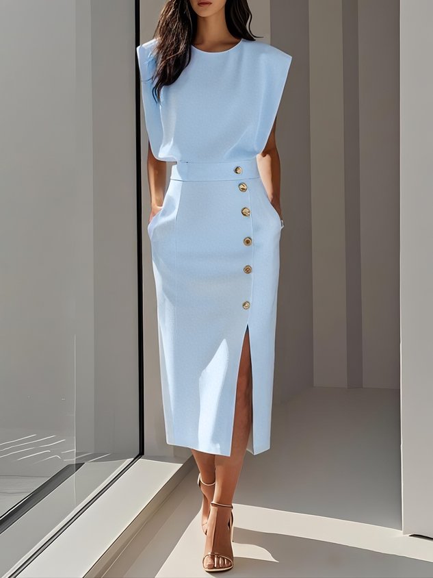 Womens Midi Dress Column Fit Asymmetrical Side Button Mock Wrap Skirt