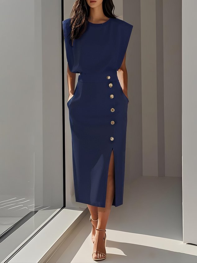 Womens Midi Dress Column Fit Asymmetrical Side Button Mock Wrap Skirt
