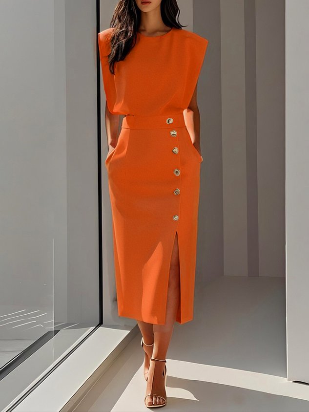 Womens Midi Dress Column Fit Asymmetrical Side Button Mock Wrap Skirt