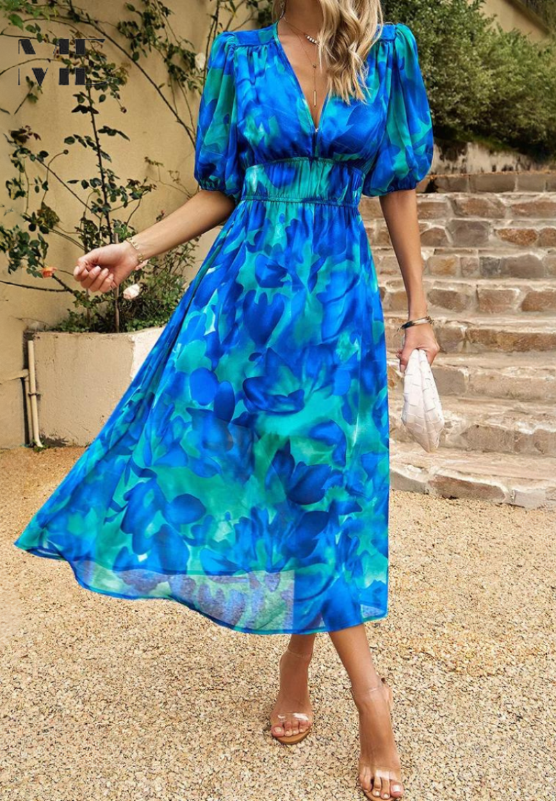 Womens Midi Dress Printed Flutter Sleeve Deep V-Neck