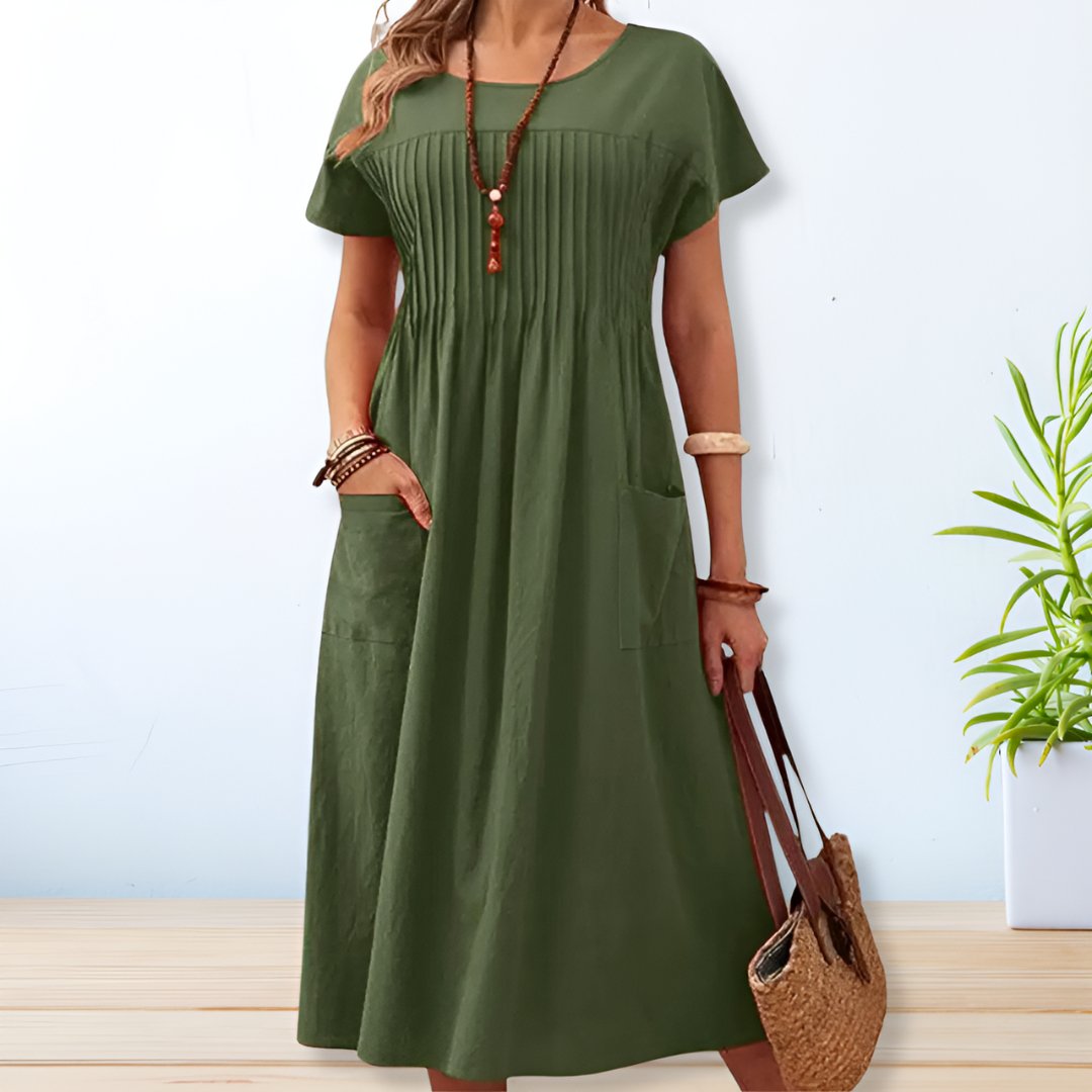 Womens Midi Dress Pleated Lightweight Relaxed Fit - Clovrio