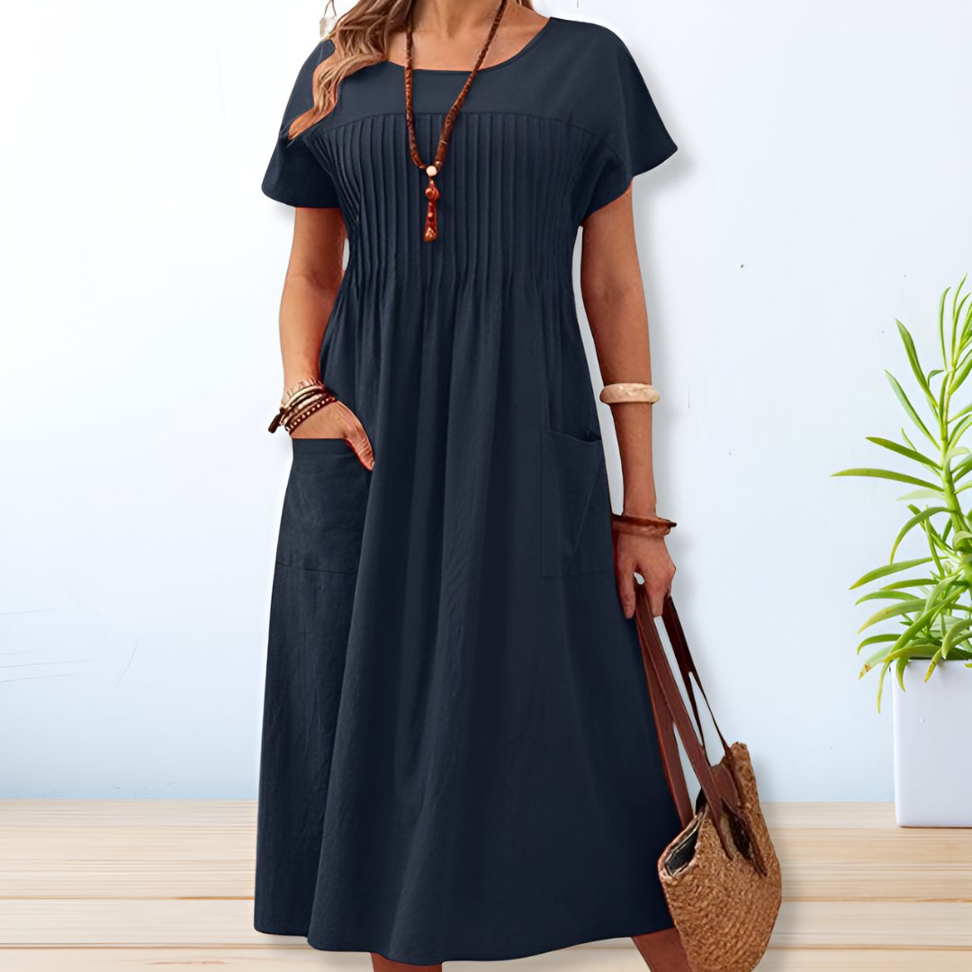 Womens Midi Dress Pleated Lightweight Relaxed Fit