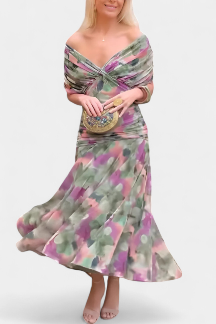 Womens Midi Dress with Ruched Mesh and Pleated Skirt Off-The-Shoulder