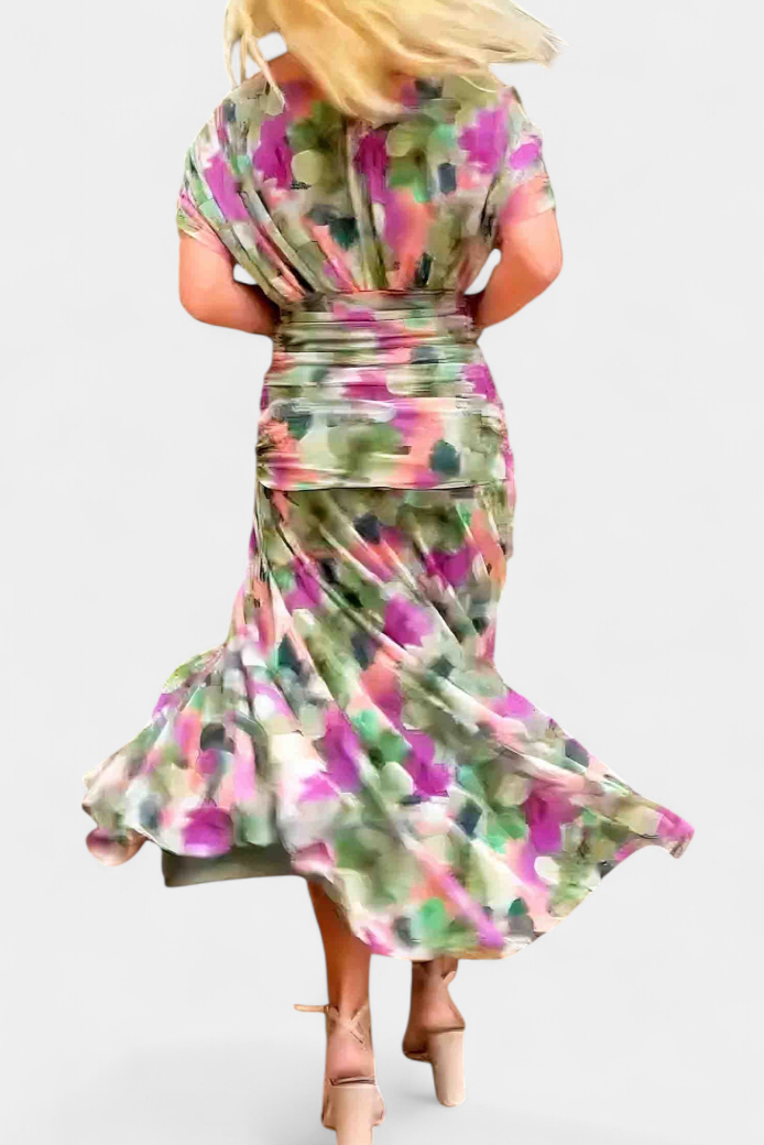 Womens Midi Dress with Ruched Mesh and Pleated Skirt Off-The-Shoulder