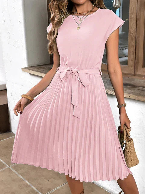 Womens Midi Dress with Pleated Skirt Relaxed Fit Tie Waist - Clovrio
