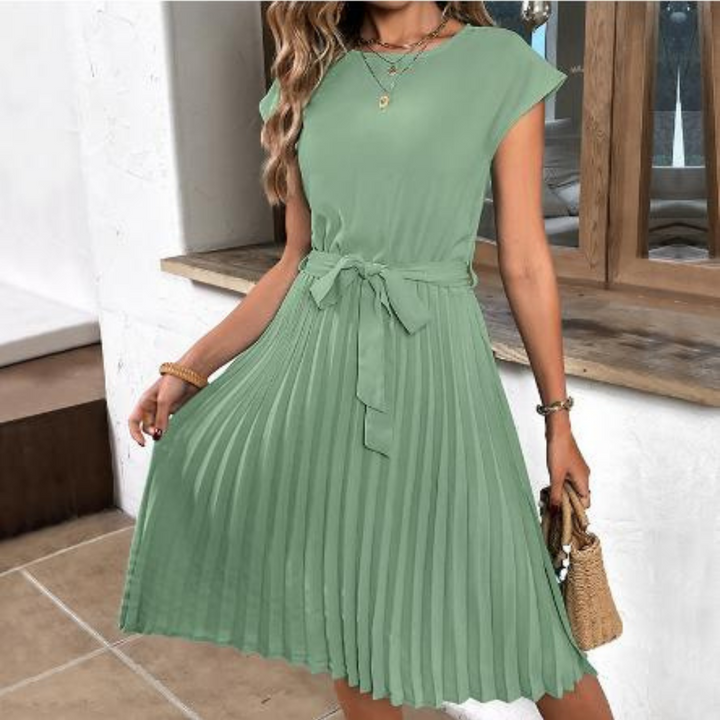 Womens Midi Dress with Pleated Skirt Relaxed Fit Tie Waist