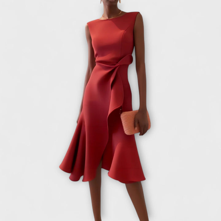 Womens Midi Dress with Ruffle Front Pleated Tailored Fit