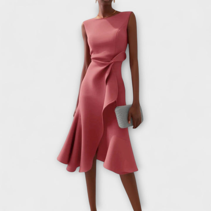 Womens Midi Dress with Ruffle Front Pleated Tailored Fit