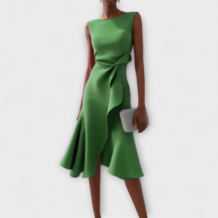 Womens Midi Dress with Ruffle Front Pleated Tailored Fit