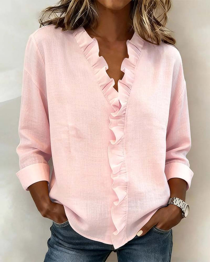 Womens Ruffle Blouse V-Neck Long Sleeve - Clovrio